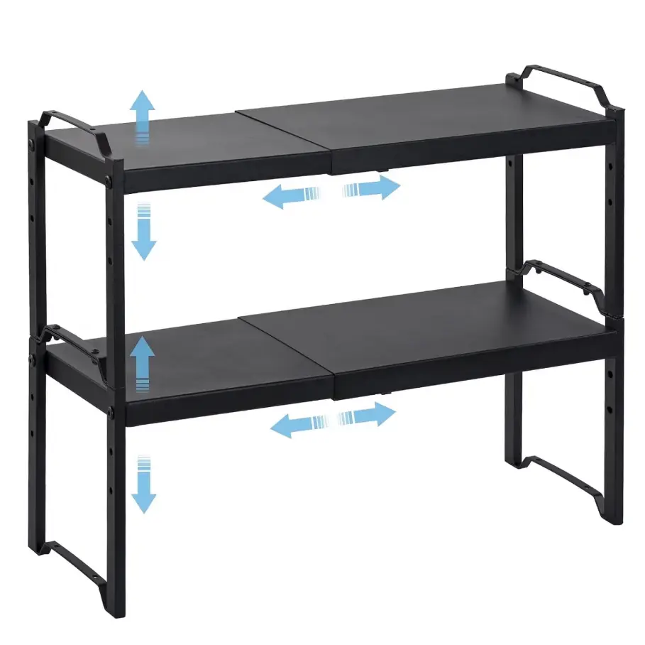 2-Pack Expandable Cabinet Shelves, Stackable Kitchen Pantry Organizer, 20.5" Black