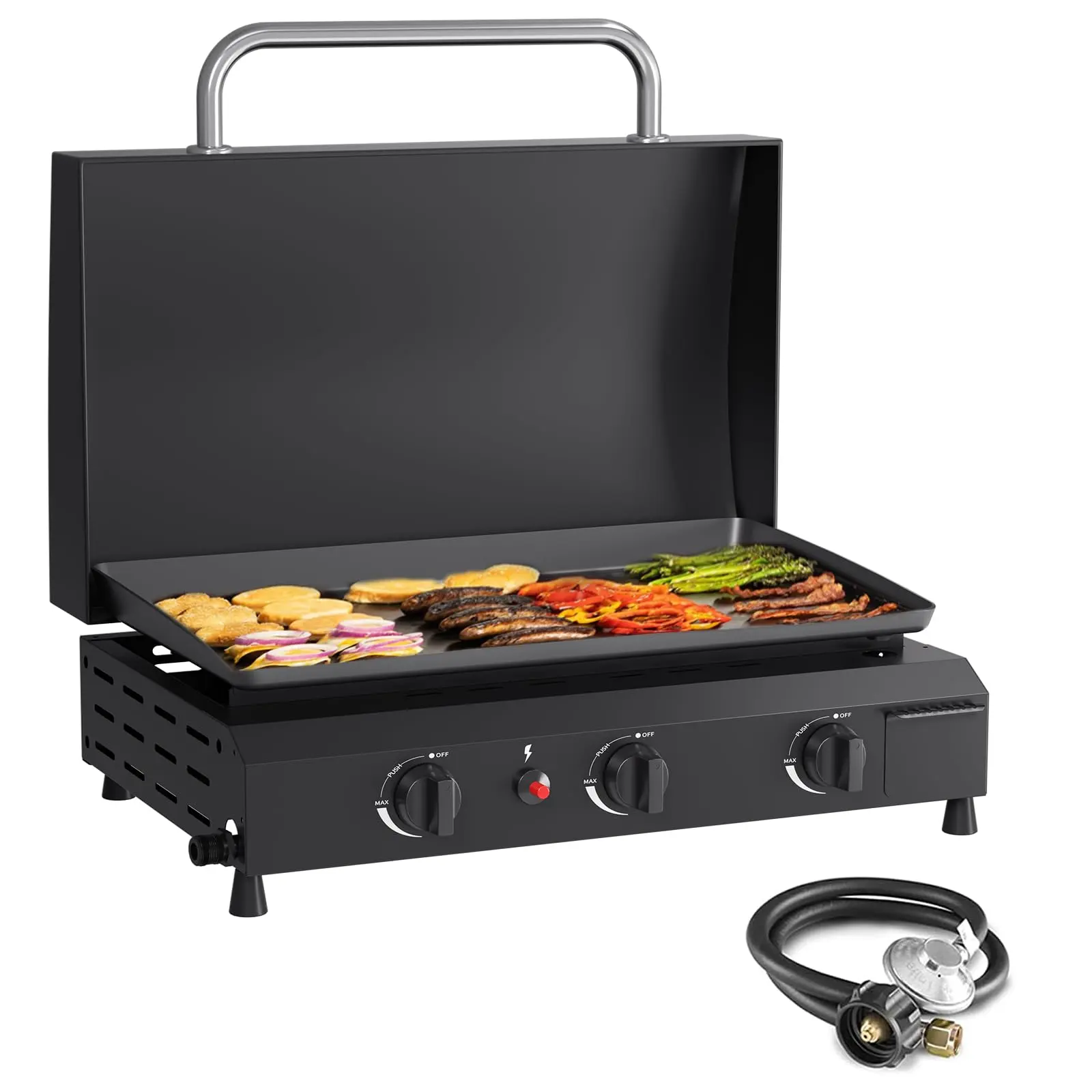 Portable Tabletop Gas Flat Top Grill with Ceramic Oil-Coated Stainless Steel Surface, 3 Burners, 45000 BTU Output, Hood, Cooking BBQ Camping Portable Stovetop Grill Stoves for Outdoor Tailgating, Barbecue Grill