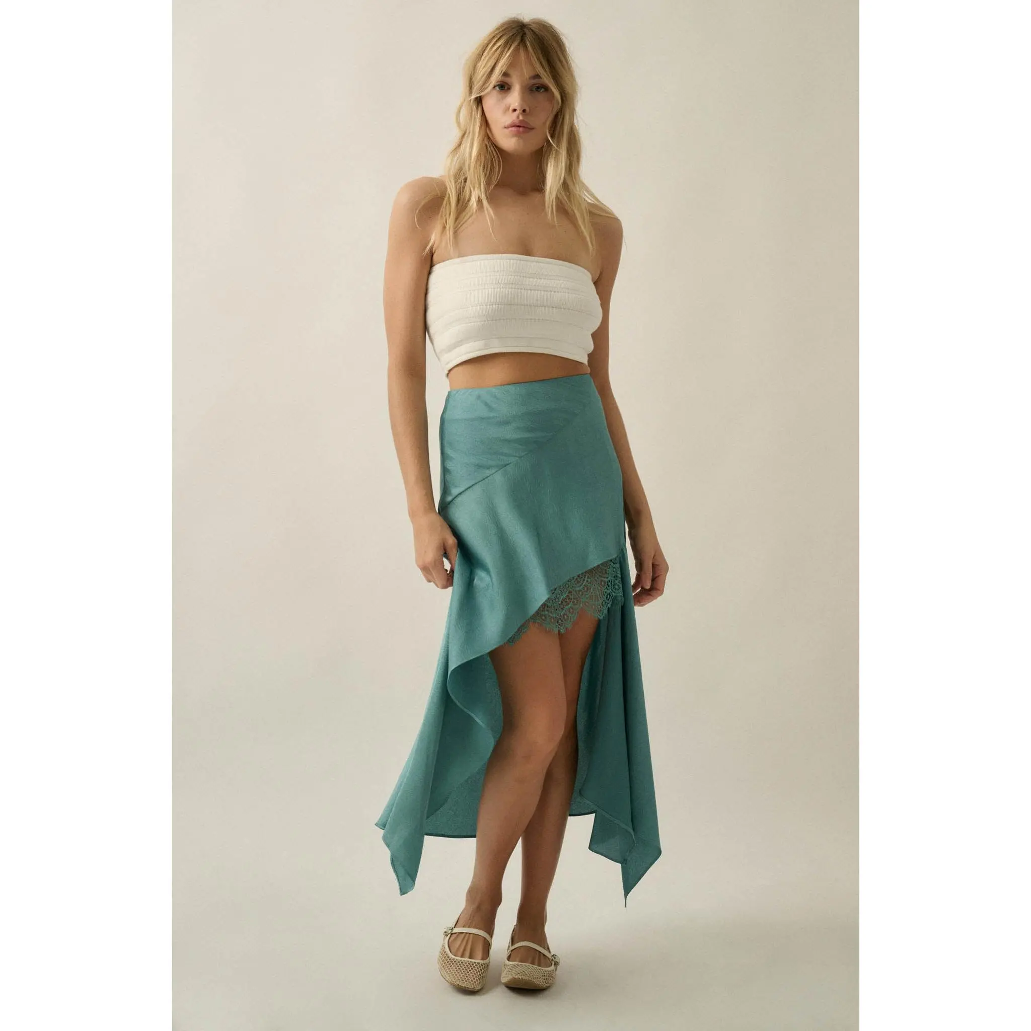 Sashay All Day Satin and Lace High-Low Midi Skirt