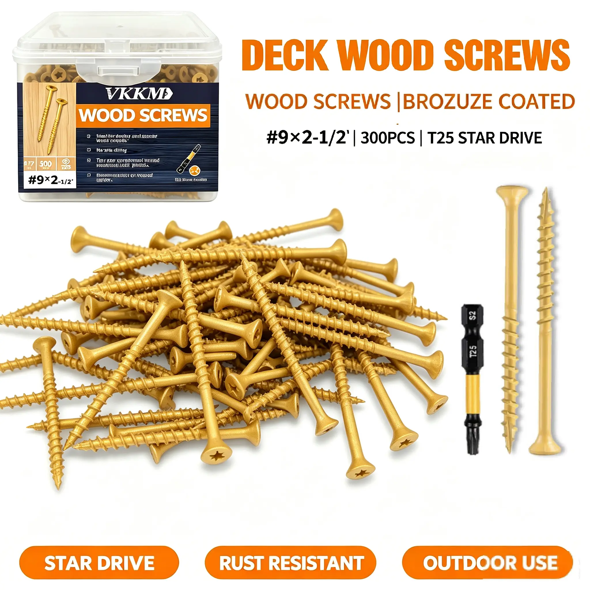 VKKM 300PCS #9x2.5in Flat Yellow Carbon Steel Self-Drilling Metal Wood Screws, Heavy Duty Screw-In Threaded Fasteners for Deck Fences, Deck and Patio Repairs, Includes FREE T25 Bit