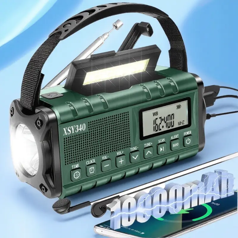 Hand Crank Solar Powered Emergency Multifunctional Handheld Radio Portable AM FM NOAA Weather Alert with 10000mAh Power Bank Type C Charger LCD Display Clock LED Flashlight Reading Light SOS Survival for Outdoor Camping Disaster Preparedness