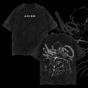 Arise Sung Jin Woo - Solo Leveling Anime Double Printed Oversize Lightweight Acid Washed Graphic Tee, Gift For Anime Fan