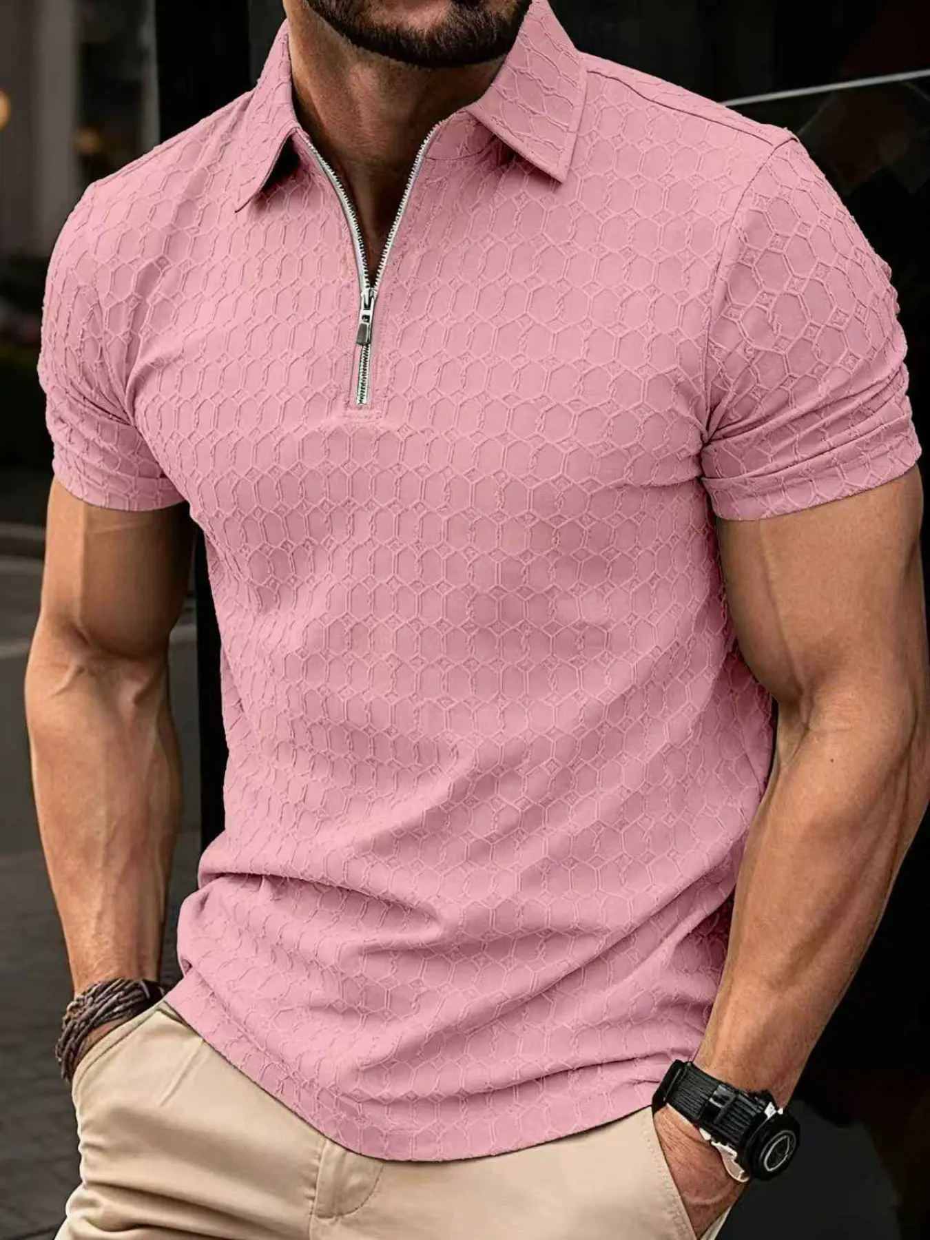 Men's Summer Casual Daily Short Sleeve Zipper Embroidered Polo Shirt, Stylish Turn-Down Collar, Comfortable and Versatile, Menswear