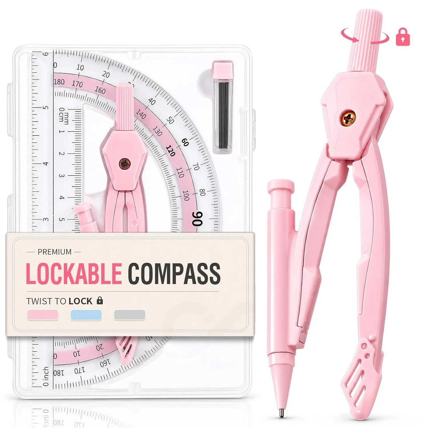 Sooez Lockable Metal Compass and Protractor Set, Compass Drawing Tool – Pink