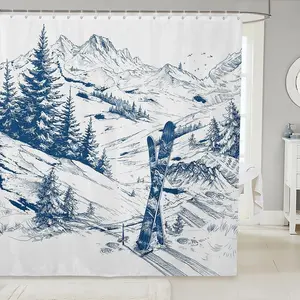 Ski Sports Shower Curtain, Boys Teens Girls Winter Sports Ski Theme Bath Curtain, White Snow Mountain Landscape Bathtub Shower Curtain