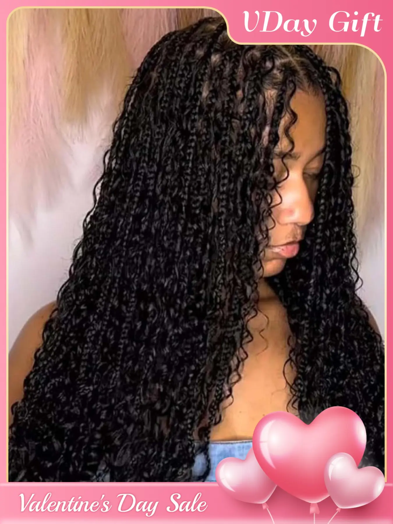 33-Inch Black Lace-Front Box Braided Wig, Distressed Knotless Braids for Women, Synthetic Curly Braided Lace Wigs for Party & Daily Wear