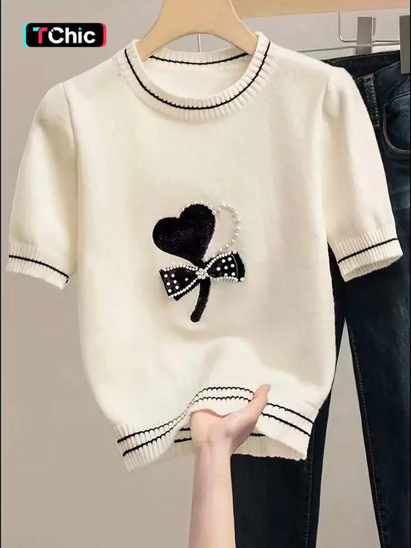 Heart Beaded Knit Sweater Short Sleeve Women Spring Summer New Unique Design Short Knitted Top Elegant Butterfly Knot Valentine's Day