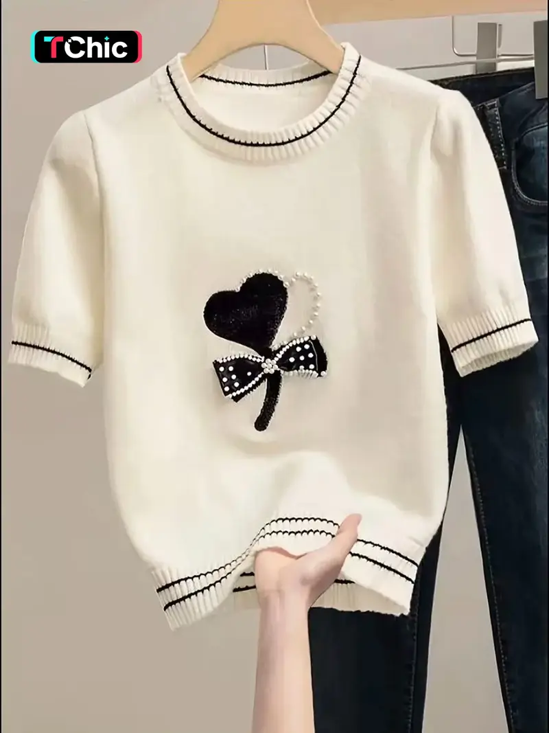 Heart Beaded Knit Sweater Short Sleeve Women Spring Summer New Unique Design Short Knitted Top Elegant Butterfly Knot Valentine's Day