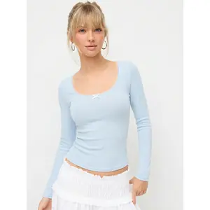 Cider Pointelle U-neckline Bowknot Lace Tee Dealsforyou