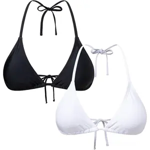 Women's 2 Pack Triangle Bikini Tops Halter Swimsuit Thong Cheeky String Bathing Suit
