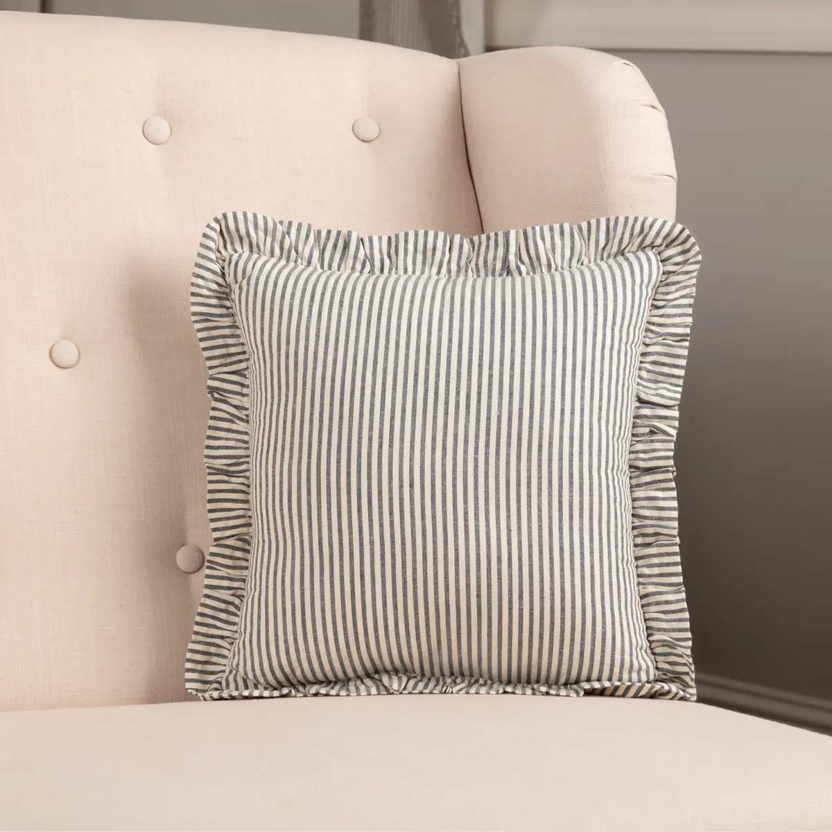 Americana Seersucker Blue Ticking Stripe Pillow, 12x12 in Sofa Cushion for Bedding & Linens