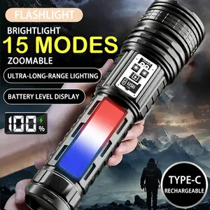 Strong Flashlight ，Ultra-Bright Flashlight Rechargeable LED Flashlight, With 15 Modes COB Lights Tactical Accessories Zoomable Industrial Waterproof Handheld Digital Display Flashlight, for Fishing Garden Night Security Road Garage super flash