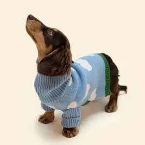 Sky-Blue Pet Knit Turtleneck Sweater with White Cloud Patterns - Cozy Winter & Fall Pullover for Small to Medium Dogs (Bichon Frise, Dachshund, Schnauzer, Yorkie) - Machine Washable, Small Dog Sweater, Comfortable Dogwear Puppy Costumes