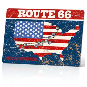 Route 66 US flag Man Cave Signs Vintage Aluminium Metal Aluminum Sign Highway Road Poster for Home Garage Wall Decorations 12" x 8"