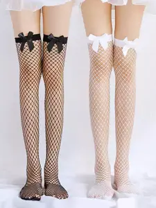 2 Pairs Mesh Knee-High Socks, Bow Hollow Out Silk Stockings, Thin Lolita Net Socks, Plain Pattern, All Seasons