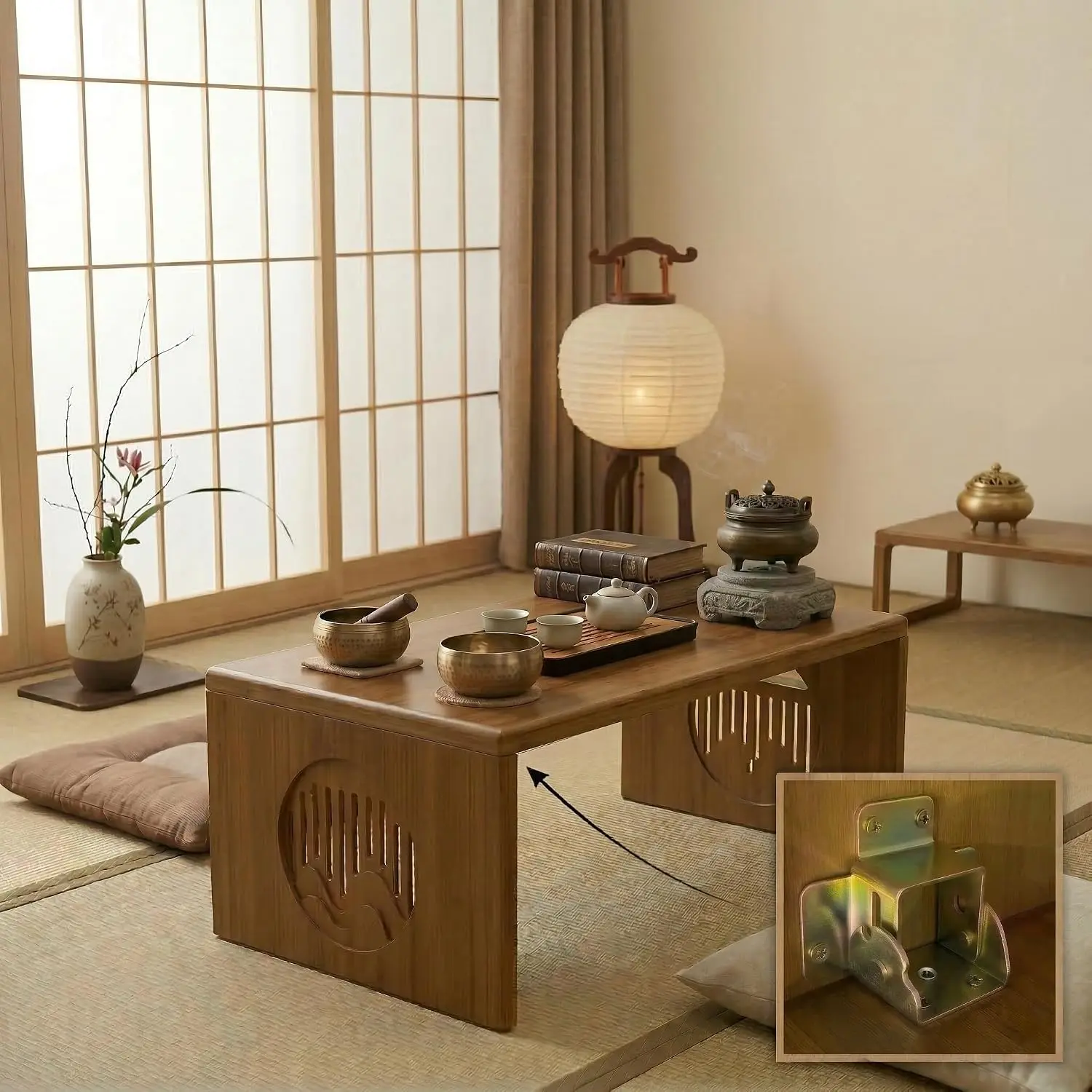 Japanese Floor Table, Bamboo Low Desk for Tea Meditation, Foldable No Assembly (Tray + Coaster(4ps) + Table (100cm))