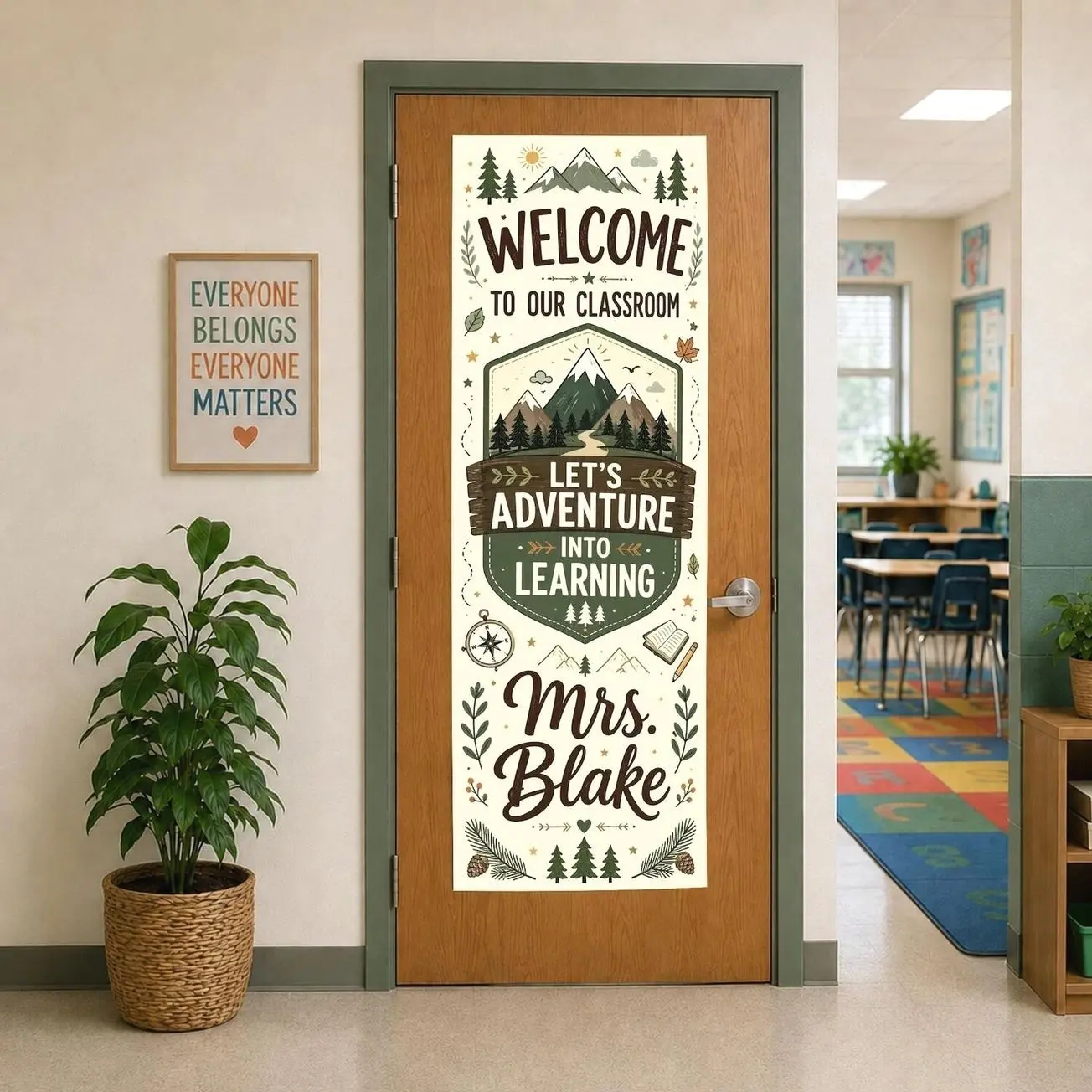 Personalized Adventure Classroom Door Banner, Mountain Theme Linen Teacher Tapestry
