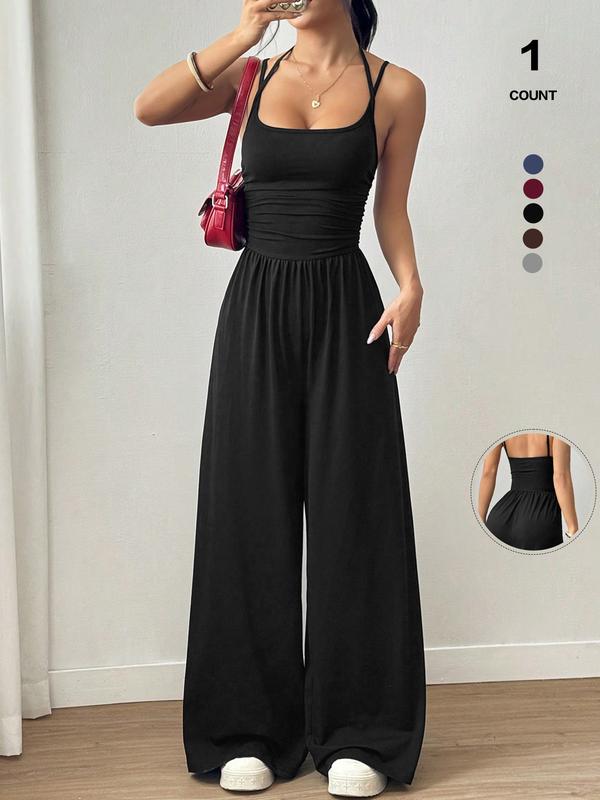 2026 Women's Sleeveless Halter Jumpsuit, Ruched Waist Wide-Leg Palazzo Jumpsuit with Pockets