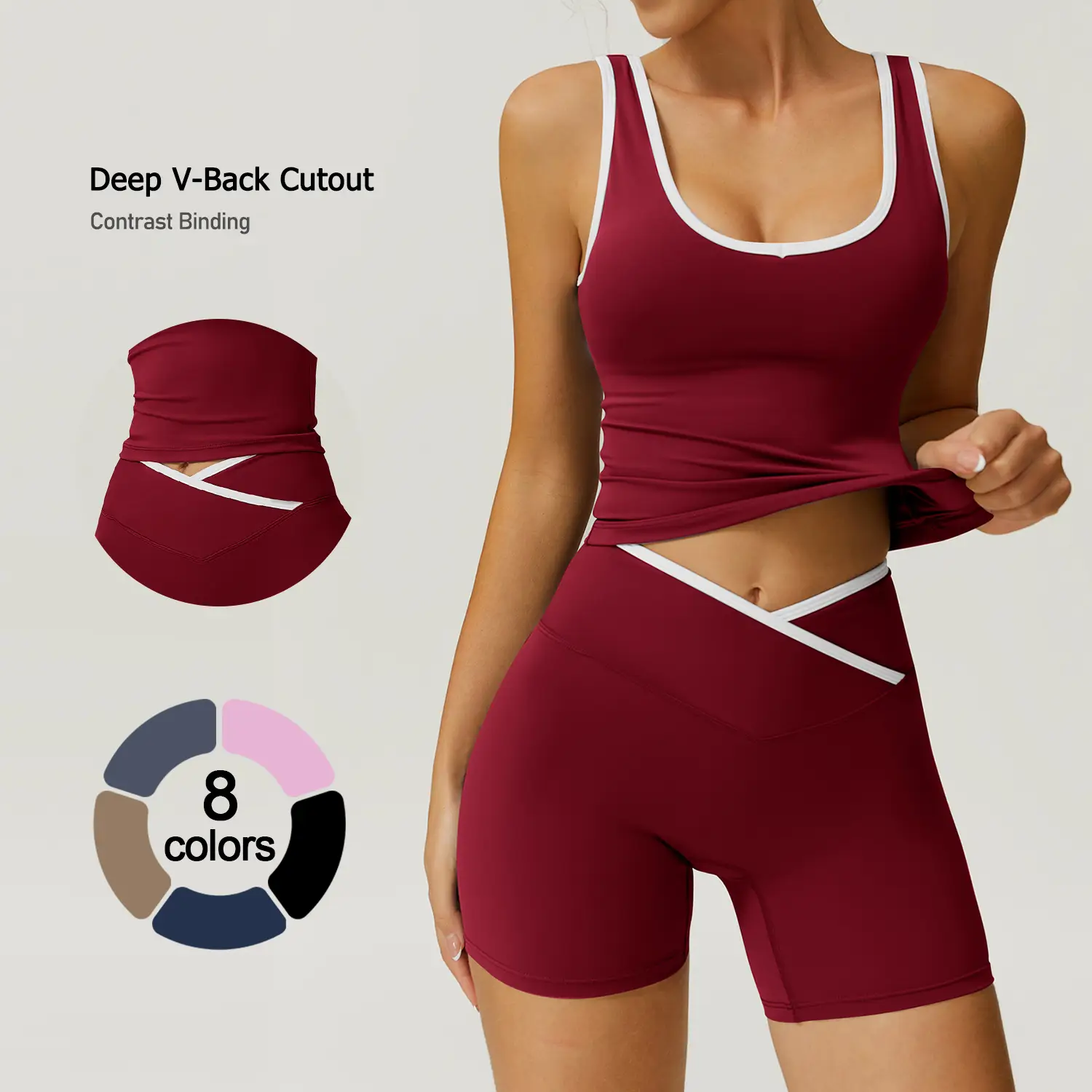 TIMEOFF Color-Blocked Halter Crop Tube Top & Mid-Rise Shorts Set , Yoga, Gym & Back-to-Schoo, Activewear , Stretch Fabric, Summer Athletic Outfit