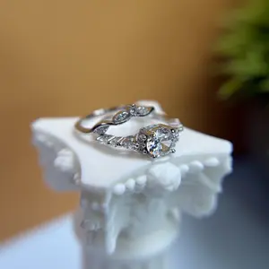 Vintage Leaf Bridal Ring Set • 925 Sterling Silver Stacking Wedding Band • Cubic Zirconia Promise Ring