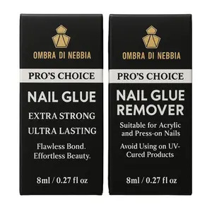 OMBRA DI NEBBIA Nail Glue & Remover Set 8ml Each, Brush-On Nail Glue and Nail Glue Remover for Press-On Nails, Acrylic Tips, False Nails, At-Home Manicure Kit