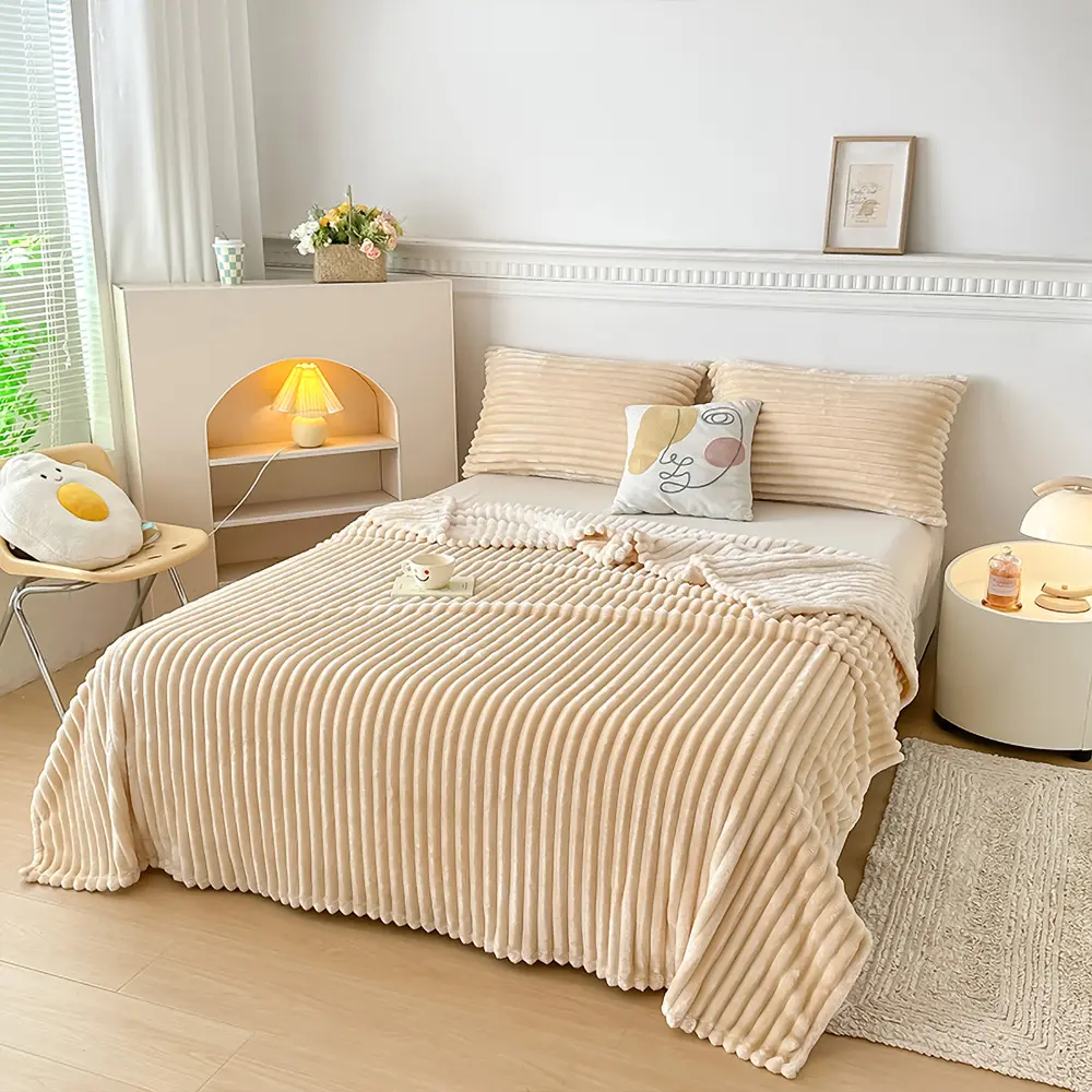 Snooztex 280GSM Ribbed Knit Soft Faux Fur Blanket - 280gsm warm cover, fluffy fleece warmth, super soft against skin, multi-size, breathable, durable, striped look elevates decor, all-seasons home decor for beds, sofas, machine washable