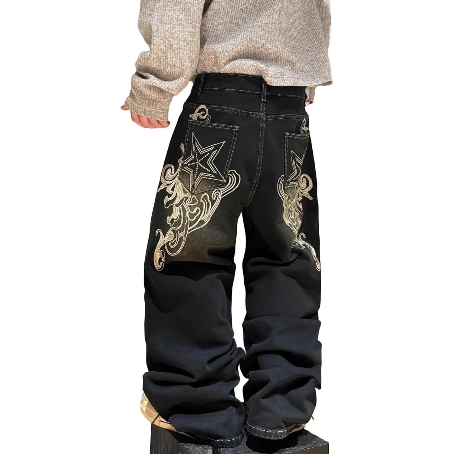 Women's Baggy Loose String Pants, Relaxed Fit Wide Leg Vintage Embroidered Denim for Casual Vintage Street Look