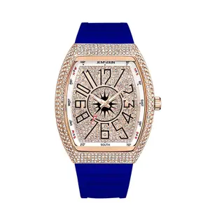 Men's Iced Out Tonneau Watch, Luxury Rhinestone Encrusted Quartz Wristwatch with Silicone Band, Hip Hop Fashion Casual Timepiece for Men