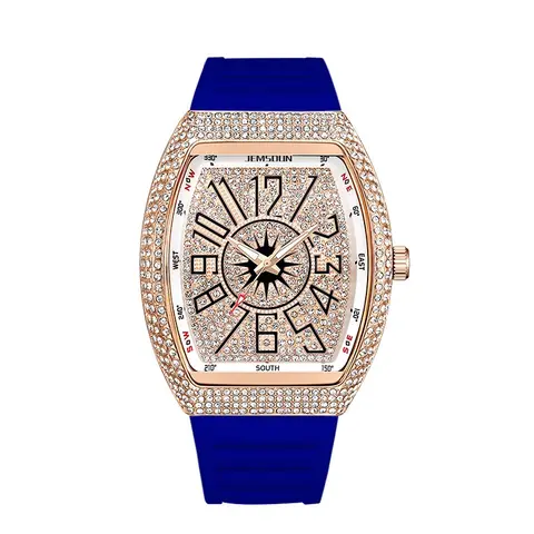 Men's Iced Out Tonneau Watch, Luxury Rhinestone Encrusted Quartz Wristwatch with Silicone Band, Hip Hop Fashion Casual Timepiece for Men