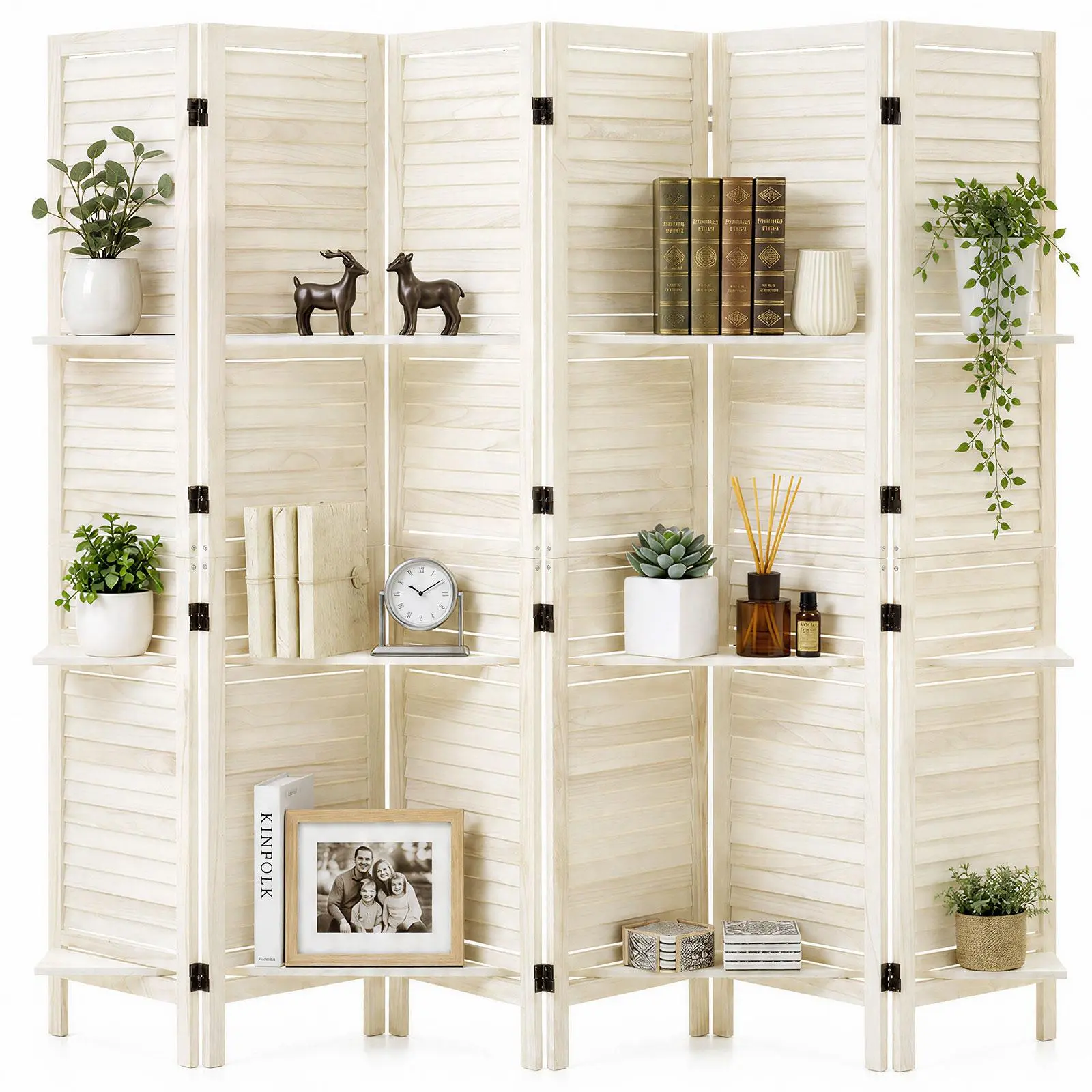 VEVOR Foldable Wood Room Divider with Hinged Panels, 6-Panel Louver Slats Design, 67.1 in Tall Folding Privacy Screen with Shelves, Solid Wood Frame, 360° 2-Way Hinges, Hardware Included for Home Separation & Decor