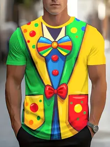 Men's Clown Costume T-Shirt with Fake Bow Tie - Breathable Short Sleeve Crew Neck Circus Party Outfit, Vibrant Clown Print Suitable for Carnivals, Birthday Parties, Cosplay & Daily Wear, Machine Washable Clown Suit for Themed Events