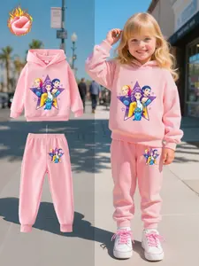 Girls' Witch Hunter Corps Cartoon Print Hoodie Set, Fleece Lined Joggers, Casual Fall & Winter, Comfortable Fit for Kids