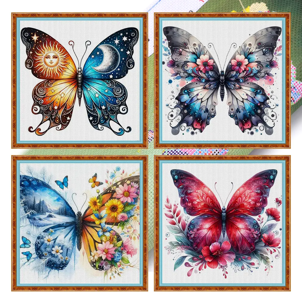 Butterfly Printed Cross Stitch Kit, 45*45cm 11CT Cotton Thread Manual DIY Needlework Art Decor for Adults, Unique Gift, Embroidery