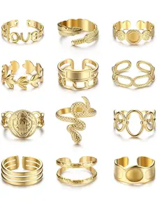Gold Plated Rings for Women, Stainless Steel Statement Rings Pack Stacking Boho Midi Rings Adjustable Open Ring Band Twisted Signet Rings Non Tarnish Gold Rings