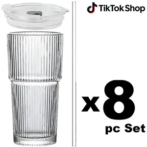 8PCS 20oz Ribbed Glass Cups with Lids and Straws, Trendy Iced Coffee Tumblers, Thick Durable Drinking Glasses for Juices, Smoothies, Cold Beverages, Perfect Cute Gift for Friends