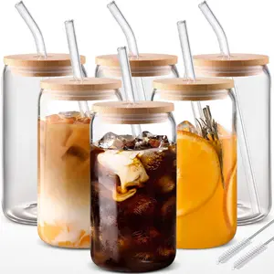 6pcs 18.6oz/550ml Drinking Glasses with Bamboo Lids and Glass Straw - Glass Cups Beer Ice Coffee Glasses Cute Aesthetic Cup Grea