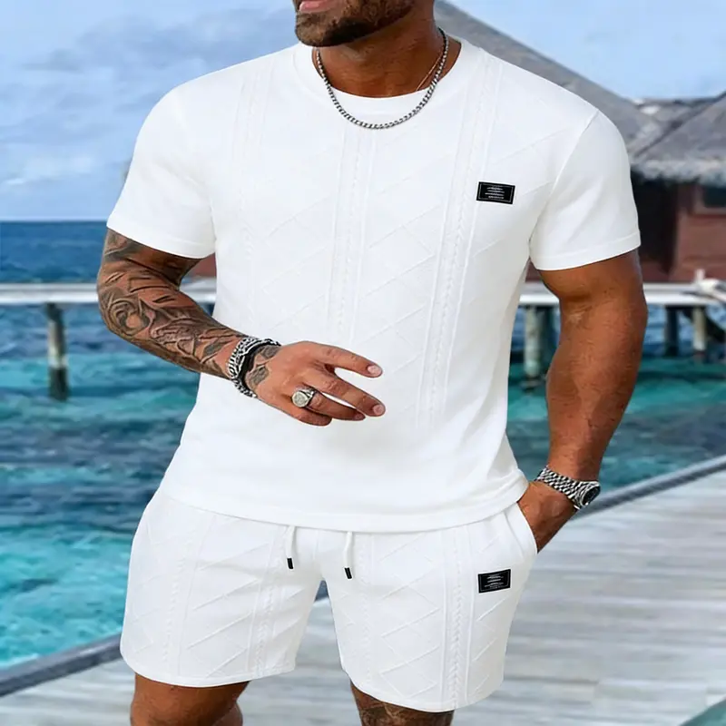 Men's 2-Piece Nightwear Pyjamas Set - Regular-Fit, Short-Sleeve Round Neck Top, Above the Knee Shorts, Ear of Wheat Pattern, Casual Summer Loungeready Homewear