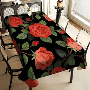 JIT 1PC 2D Flat print, red rose and green leaf pattern long tablecloth, tabletop decorative cloth, tabletop protective cover, suitable for indoor and outdoor use, holiday style, universal in all seasons