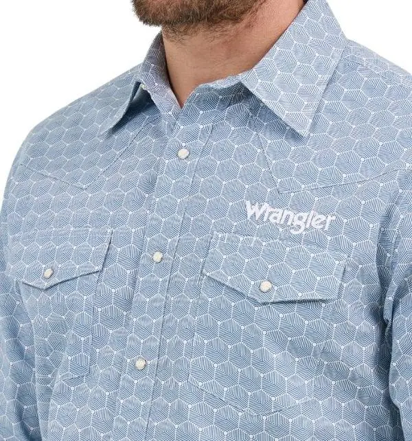 Wrangler® Men's Logo Long Sleeve Button Down Shirt, Blue
