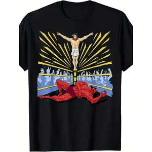 Mens Jesus Wrestling Satan TShirt Retro Biblical Combat Graphic Tee Athletic Fit Breathable Shirt for Gym Training Streetwear and Casual Wear Iconic Spiritual Design for AllSeason Apparel