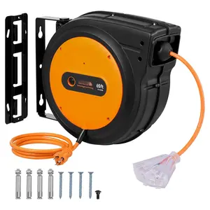 Retractable Extension Cord Reel 65FT Power Cord Reel, 12 AWG 3-Conductor SJTOW Cable, Auto-Return Reeling System, Heavy-Duty Wall Mount, Ideal for Garage, Workshop, Outdoor Work Areas, Cord Management Solution
