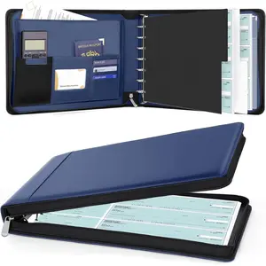 Zippered 7 Ring Business Checkbook Binder Portfolio for 3--a-Page Business Checks, 600 Checks Capacity, PU Leather Check Binder Cover with Zipper Pouch & Dividers for 9x13 Sheets, Navy Blue