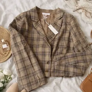 Olivaceous Padded Shoulder Plaid Cropped Blazer Jacket