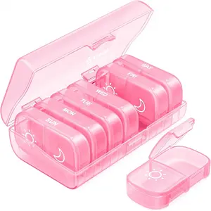 AUVON XL Weekly Pill Organizer 2 Times a Day, Pill Box 7 Day with One-Side Large Openings for Easy to Use, Sakura Pink AM PM Pill Case for Medication, Vitamins, Fish Oils, Supplements