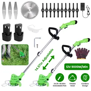12V 200W Cordless Grass Trimmer Rechargeable Lawn Mower 9000M/Min Weed Cutter with Saw Blade 2 Stainless Steel Blades 10 Plastic Blades 2 Rechargeable