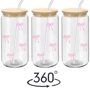 1pc Cute Bow Glass Cup 500ml Tumbler Mason Jar Shaped Bottle With Lids Straw Coffee Cups Party Gift for Iced Coffee Juice Cup