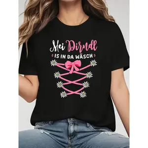 Plus Size - Women's Funny German Dirndl T-Shirt - "Mei Dirndl IS IN DA WÄSCH" Bavarian Saying - Black with Pink Accents - Plus Size Casual Top for Oktoberfest, German Parties & Everyday Outfits - Lightweight Spring/Summer Tee, Festive Attire
