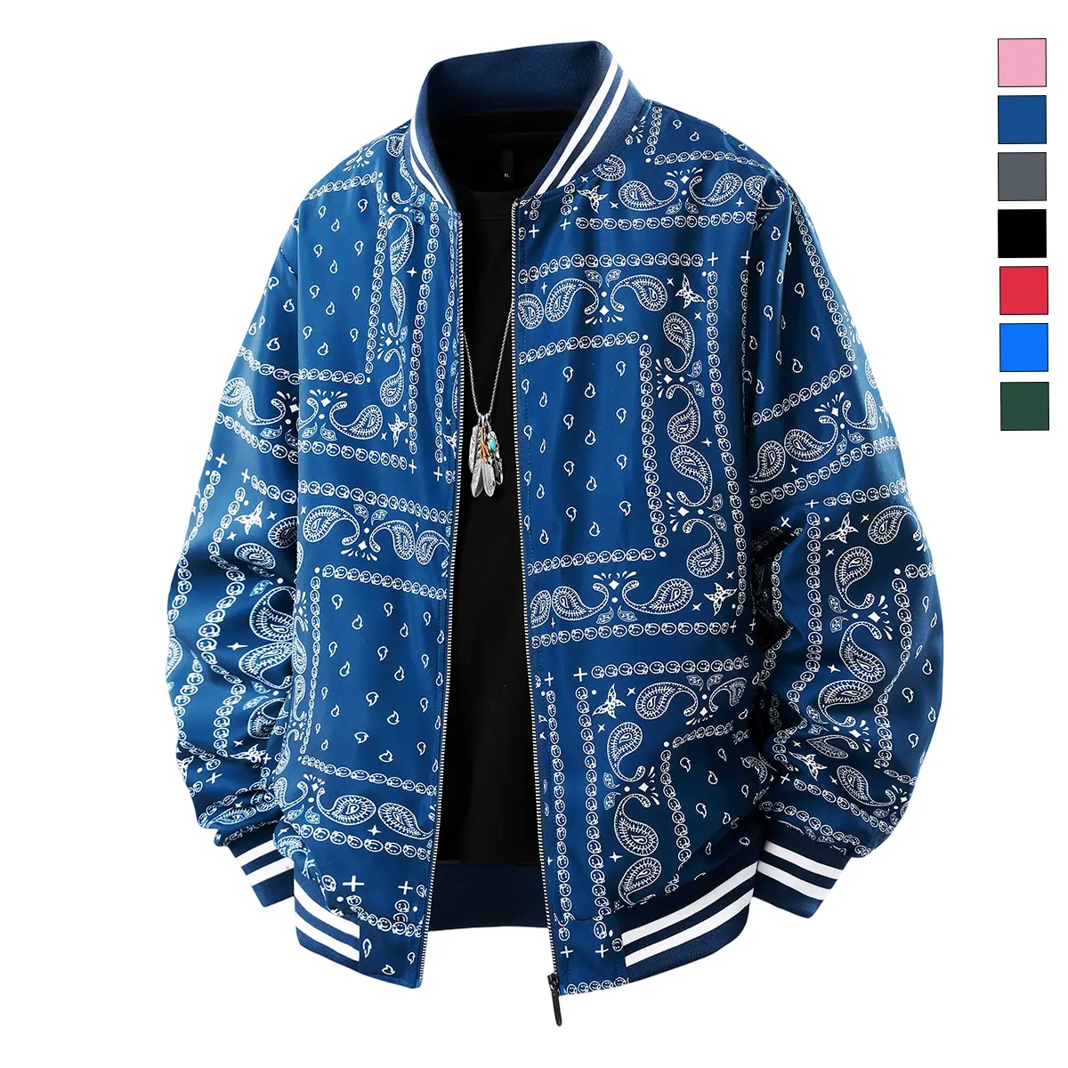 Men's Vintage All-Over Printed Fitted Baseball Jacket - Polyester, Lightweight, Long-Sleeve Casual Streetwear Outerwear