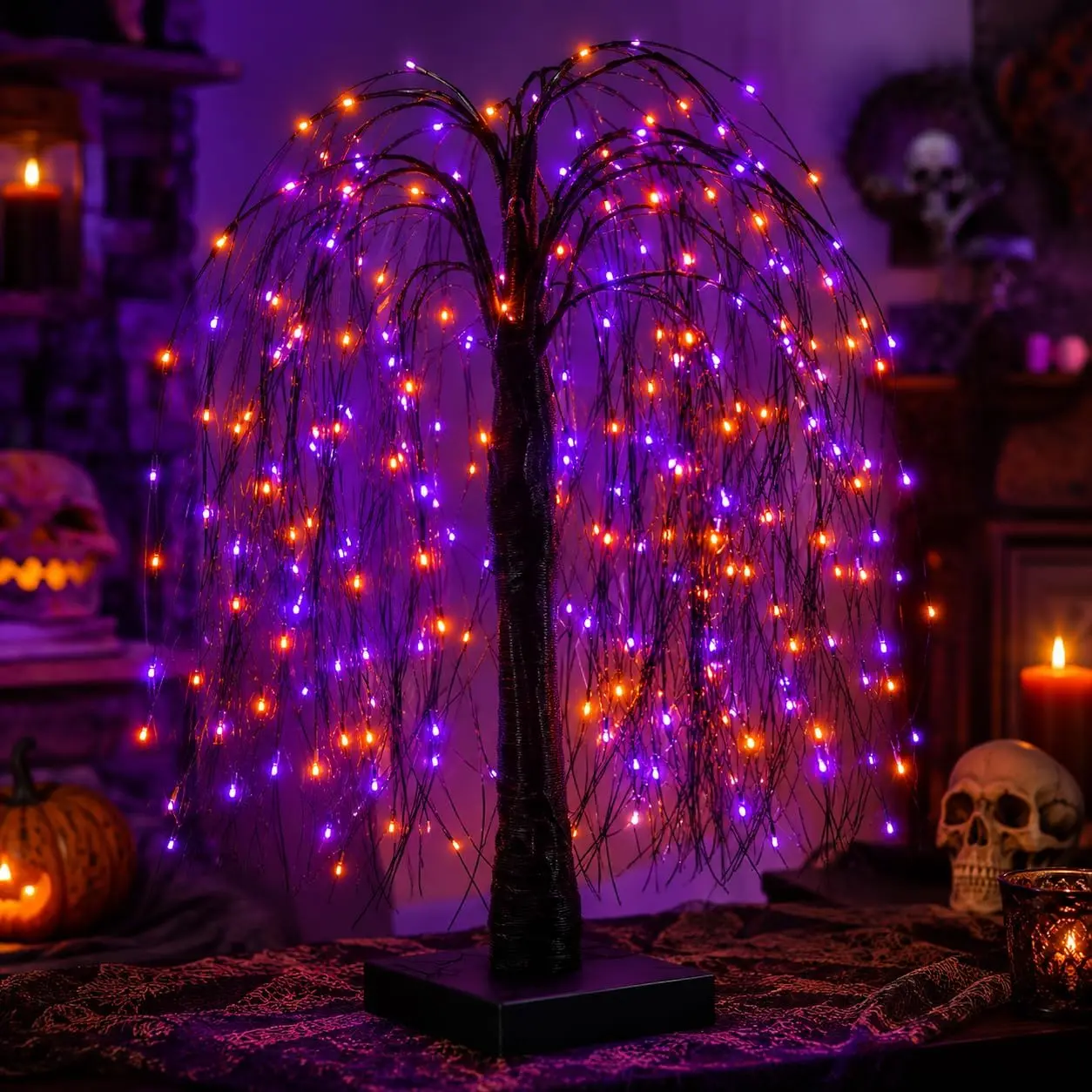 24IN Halloween Lighted Tree, 192 LED Black Willow Tree with Purple & Orange Lights, 8 Lighting Modes, USB & Battery Powered Halloween Decorations for Indoor Home, Tabletop & Party Decor
