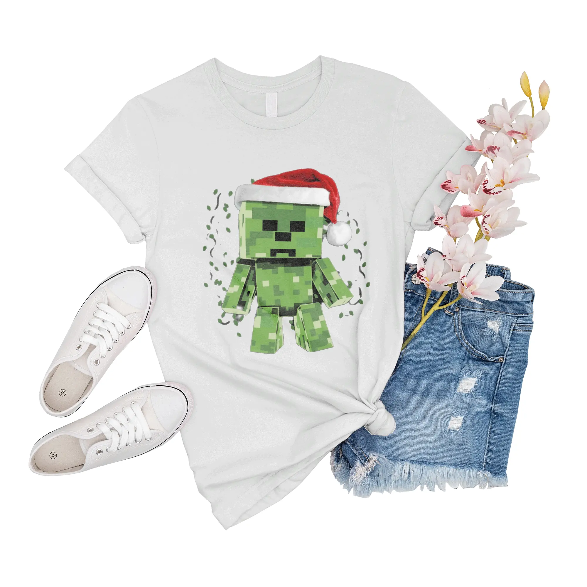 T-Shirt Women Cute Minecraft Seeds Green Creeper With Santa Hat Friend Short Girl Gift For Men Women Tee Novelty Family